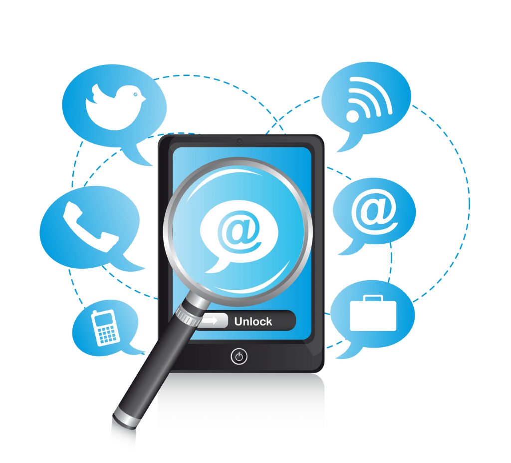 phone with icons and magnifying glass vector illustration